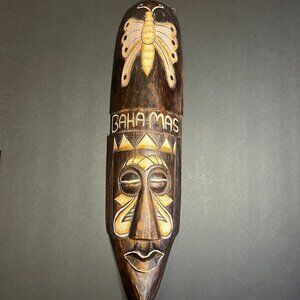Hand Carved Wooden Bahamas Butterfly Souvenir Tribal Mask Wall Art 19.5 x 4.75"